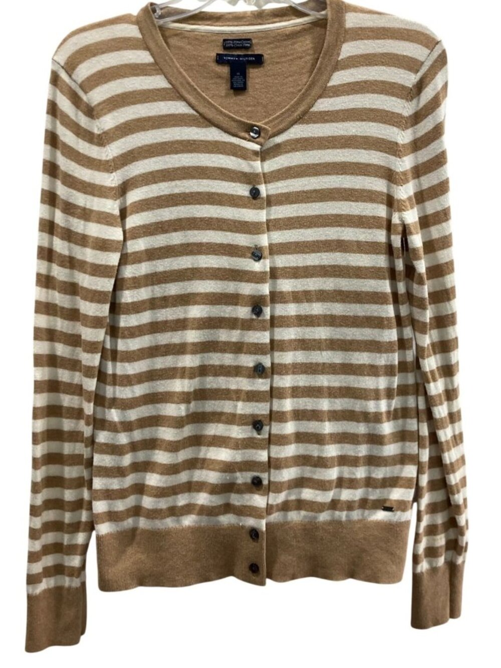 Tommy Hilfiger Striped Cardigan Sweater M Tan White Nautical Casual Pima Cotton